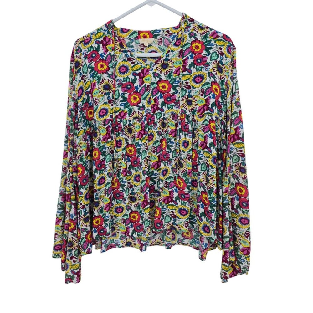 Layerz Size Small Womens Top Babydoll Pleated Bell Sleeve Boho Hippie Blouse